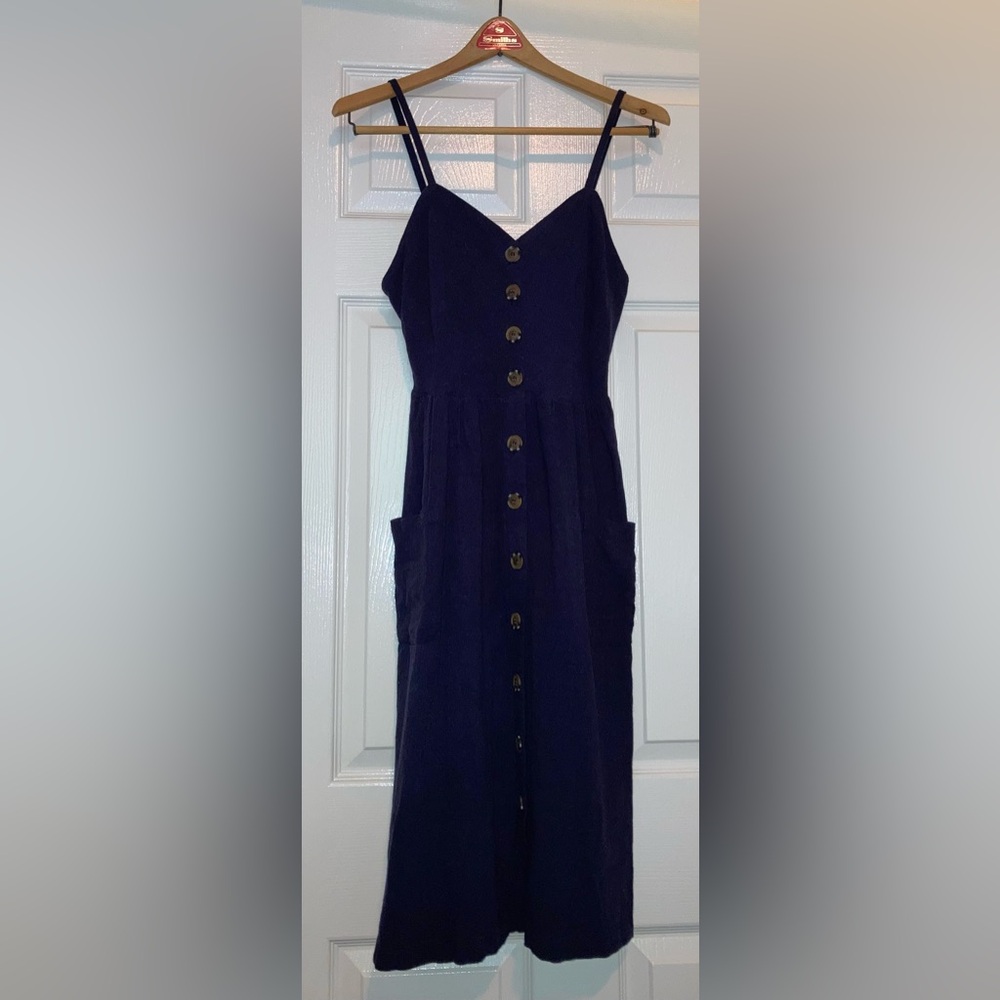 Navy Button-Front Midi Dress with Pockets